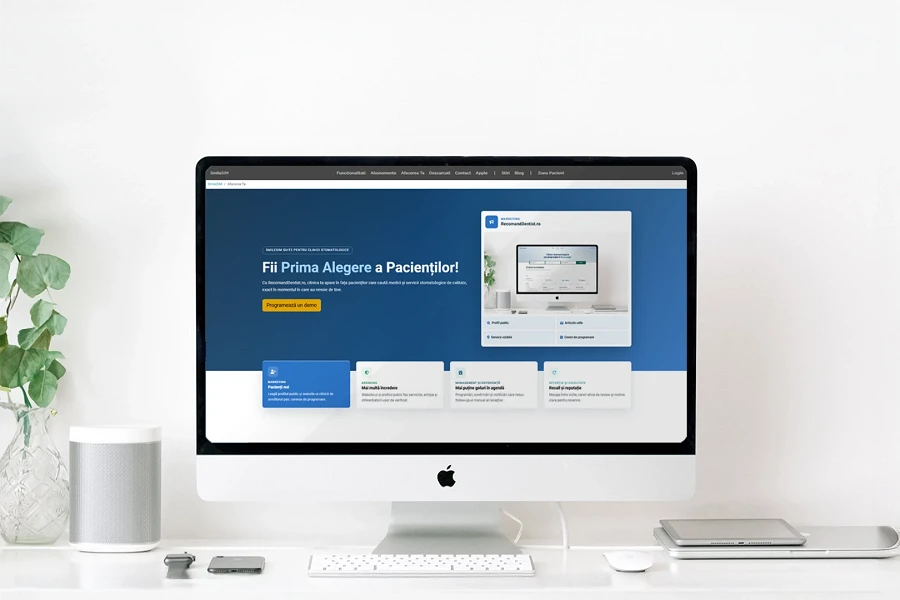 Platforma Recomand Dentist afișată pe desktop, ilustrând beneficiile abonamentelor pentru clinici stomatologice